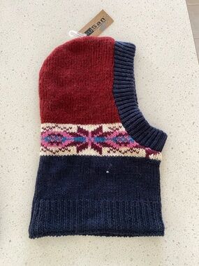 NWT KUSAN Knit Turtleneck Balaclava HOOD HAT scarf burgundy & Navy fair-isle